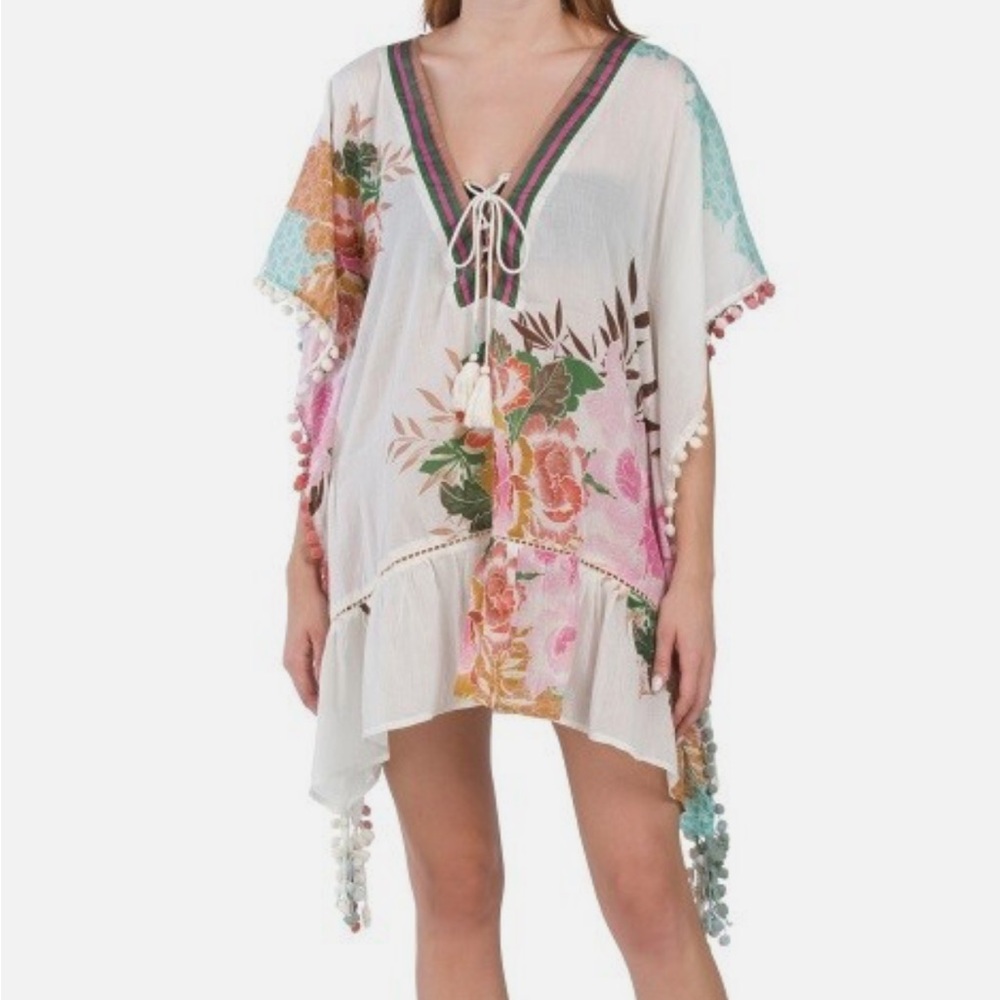 Z&L Europe Floral Print Airy 100% Cotton Pom-Pom Caftan Swim Cover Up OS - Picture 2 of 12